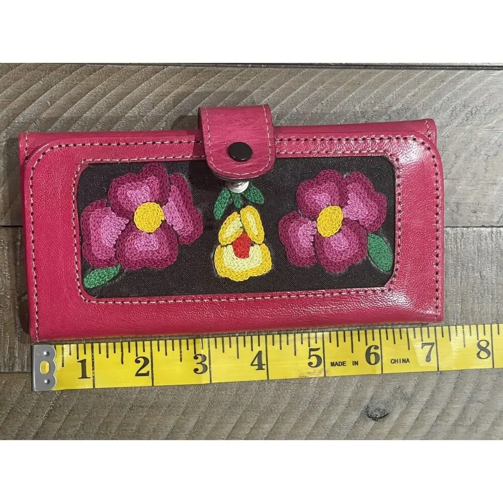 Womens Hand Embroidered & Embossed Leather Tri-Fold Wallet Mirror/Change Pouch